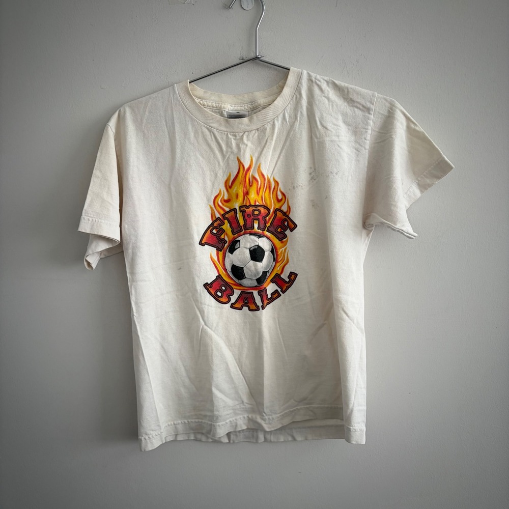 Vintage Alstyle Fire Ball Soccer Graphic T-Shirt White Youth Large